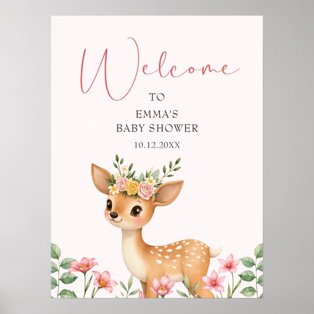 Söt hjort blomster baby shower välkomstskylt poster (Framsidan)