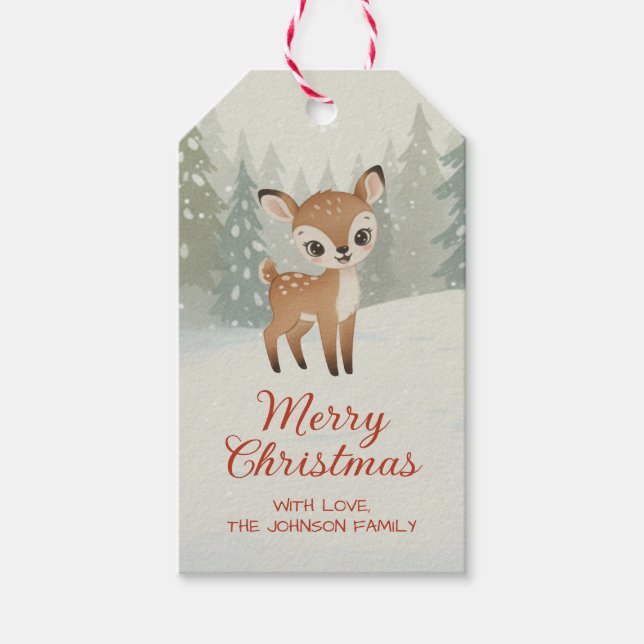Söt hjort i vinter skog God Jul Presentetikett (Framsidan)