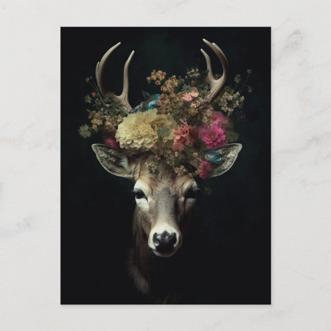 Söt Hjort med Blommigt Krona Vykort (Framsida)