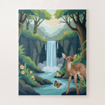 Söt hjort och vattenfall skog barnpussel