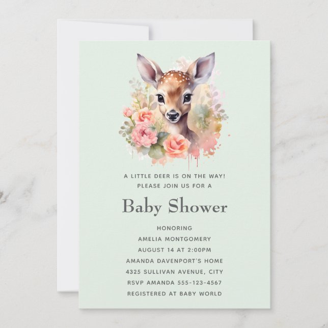 Söt hjort omgiven av rosor baby shower inbjudningar (Framsida)
