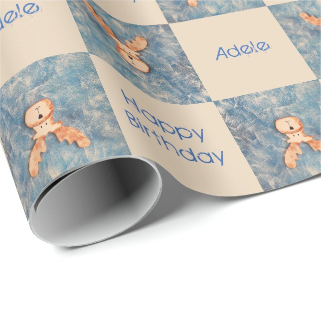 Söt hjort Ren Blå Glad födelsedag barn Presentpapper (Rullad Hörn)