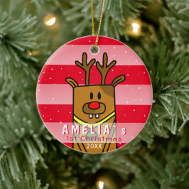 Söt hjort röd rosa bebis första jul julgransprydnad keramik