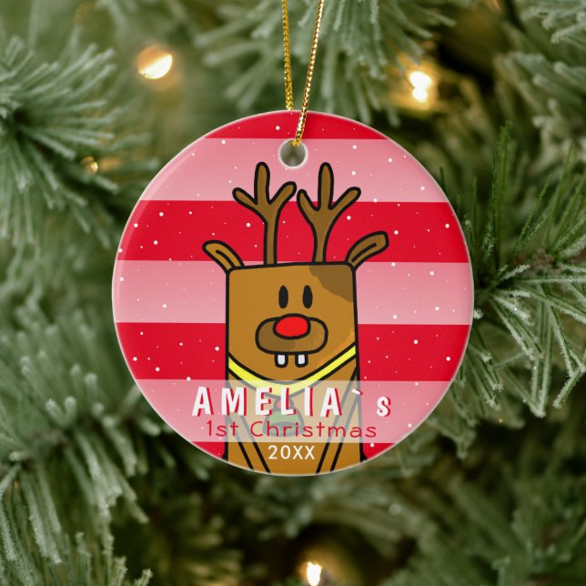 Söt hjort röd rosa bebis första jul julgransprydnad keramik (Träd)
