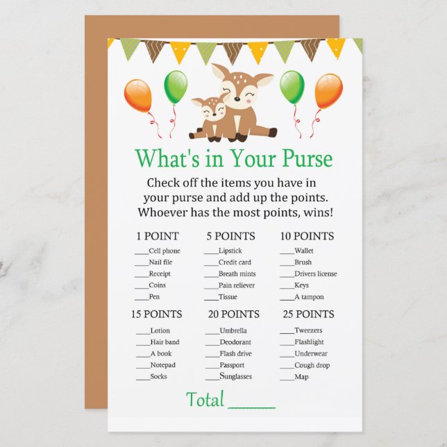 Söt hjort Vad har du i handväskan spel (Fram/baksida)