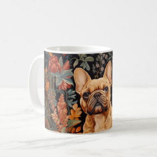 Söt hjortfärgad fransk bulldog i en trädgård kaffemugg