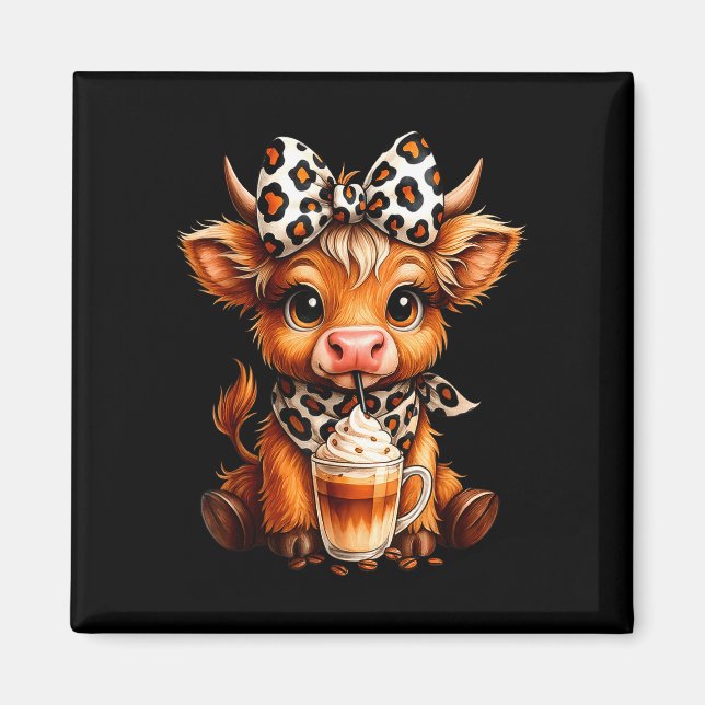 Söt höglands ko kaffefantast kalv mysig morgon magnet (Framsidan)