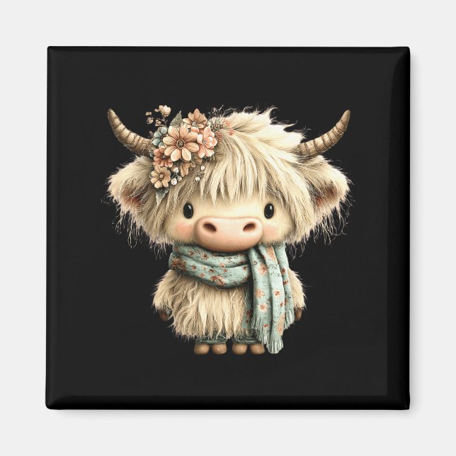 Söt högländsk ko blomster boho bondgård djur cowgi magnet (Framsidan)