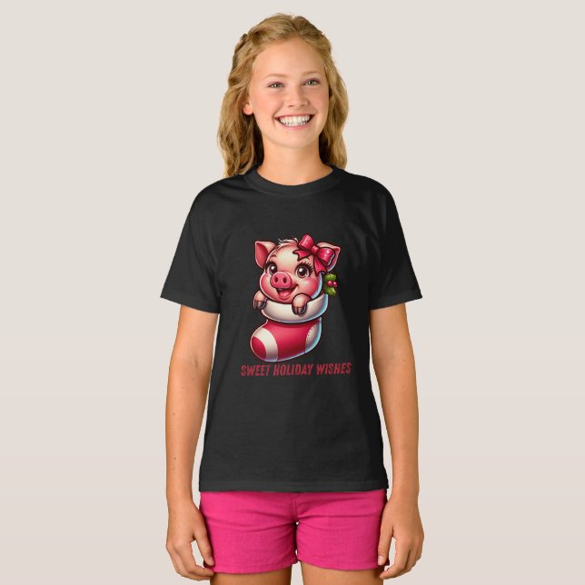 Söt Högtidlig Gris i Julstrumpa T Shirt (Hel framsida)