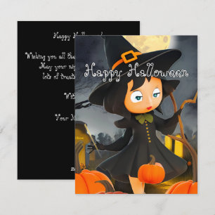 Söt Holloween-häxa Fullmåne Pumpafält Semester Julkort