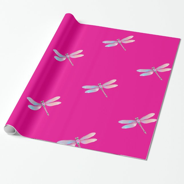 Söt Holografisk Rosa Dragonfly Wrapping Papper Presentpapper (Utrullad)