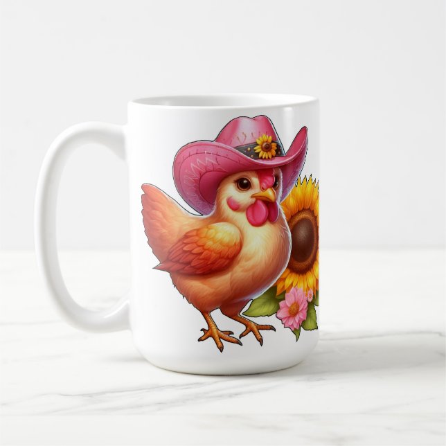 Söt höna i rosa hatt med ljus solros  kaffemugg (Vänster)