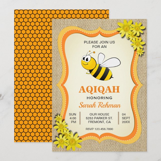 Söt honungsbi babyflicka Aqiqah Inbjudningar (Fram/baksida)