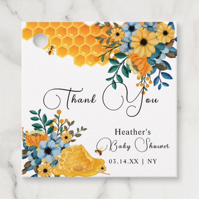 Söt honungsbi Blommigt Baby Shower Tack Gåvor Etiketter (Framsida)