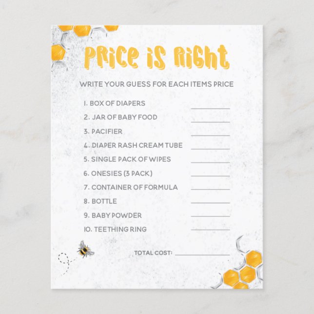 Söt honungsbi Gult Baby Shower Game (Framsida)