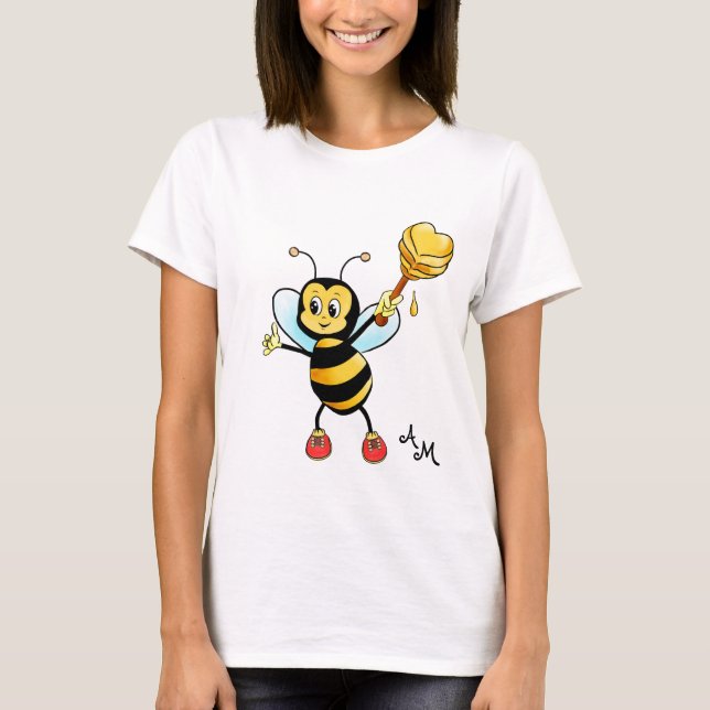 Söt honungsbi med hjärta & monogram t shirt (Framsida)