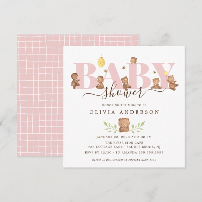 Söt honungsbjörn baby shower inbjudan (Fram/baksida)