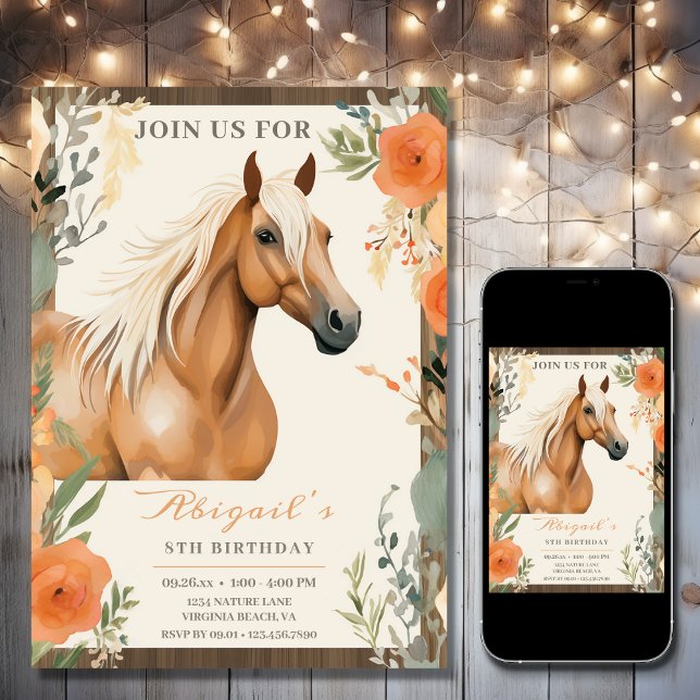 Söt Horse and Flowers Birthday Inbjudningar (Printed and Digital - Beautiful Horse and Autumn Flowers Fall Birthday Invitation)