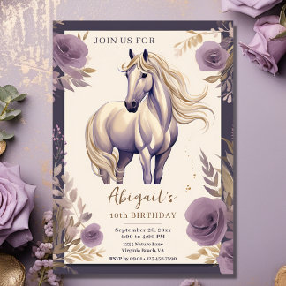 Söt Horse and Flowers Lila and Guld Birthday Inbjudningar