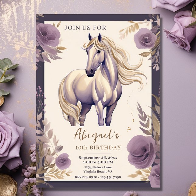 Söt Horse and Flowers Lila and Guld Birthday Inbjudningar (Front - Pretty Horse and Flowers Purple and Gold Birthday Invitation)