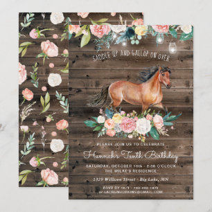 Söt Horse and Flowers on Rustic Wood Birthday Inbjudningar