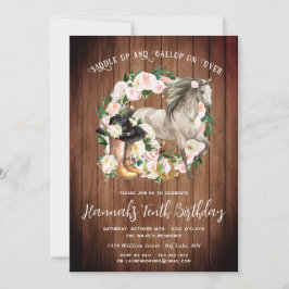 Söt Horse and Flowers on Rustic Wood Birthday Inbjudningar
