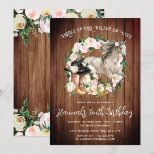 Söt Horse and Flowers on Rustic Wood Birthday Inbjudningar
