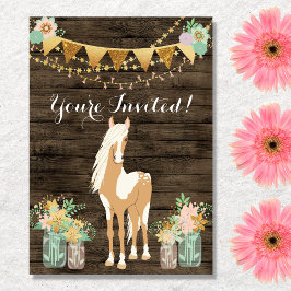 Söt Horse and Flowers on Rustic Wood Birthday Inbjudningar