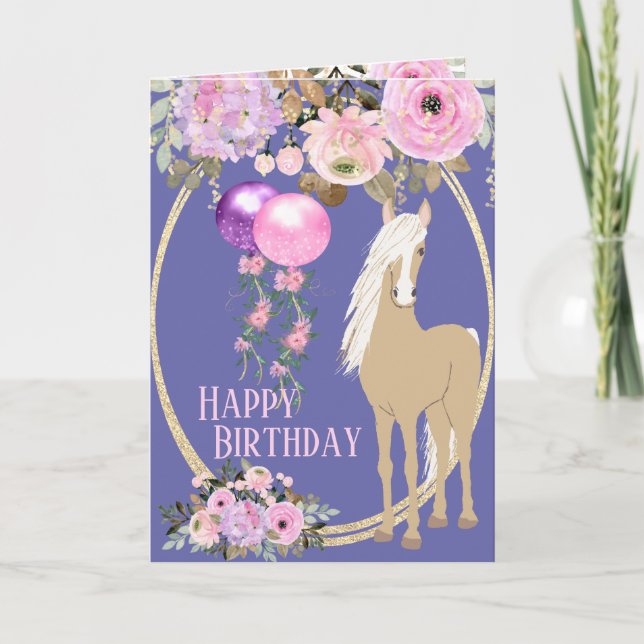 Söt Horse and Flowers Rosa Periwinkle Birthday Kort (Framsida)