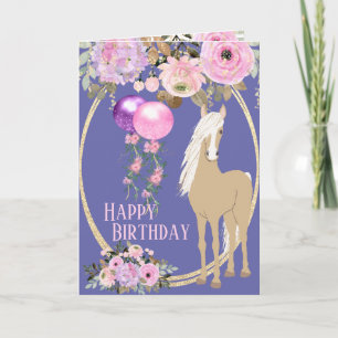 Söt Horse and Flowers Rosa Periwinkle Birthday Kort