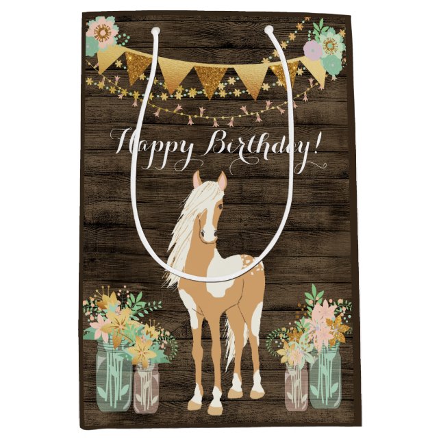 Söt Horse and Flowers Rustic Wood Birthday (Framsidan)