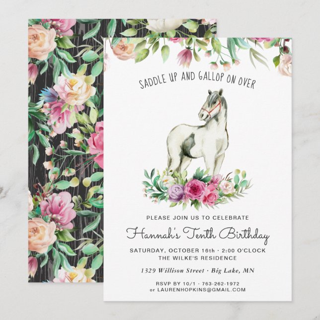 Söt Horse and Flowers | Rustic Wood Birthday Inbjudningar (Fram/baksida)