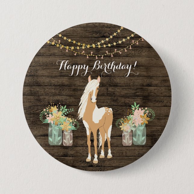 Söt Horse and Flowers Rustic Wood Birthday Knapp (Framsida)