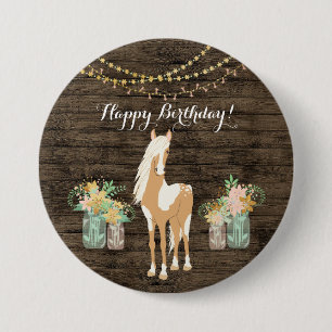 Söt Horse and Flowers Rustic Wood Birthday Knapp