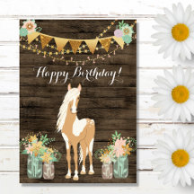 Söt Horse and Flowers Rustic Wood Birthday