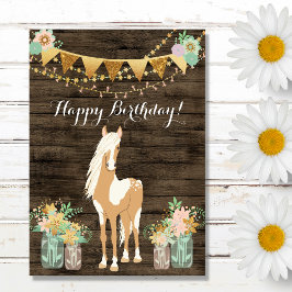 Söt Horse and Flowers Rustic Wood Birthday Kort