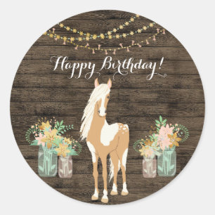 Söt Horse and Flowers Rustic Wood Birthday Runt Klistermärke