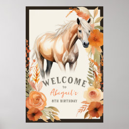 Söt Horse and Peach Flowers Birthday Välkommen Poster