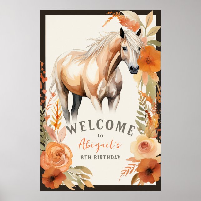 Söt Horse and Peach Flowers Birthday Välkommen Poster (Framsidan)