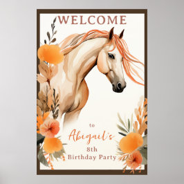 Söt Horse and Peach Flowers Birthday Välkommen Poster