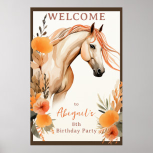 Söt Horse and Peach Flowers Birthday Välkommen Poster