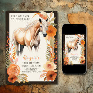 Söt Horse and Peach Flowers Watercolor Birthday Inbjudningar