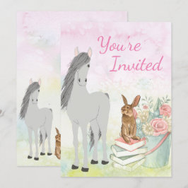 Söt Horse, Bunny, Flowers och Bokar Birthday Inbjudningar