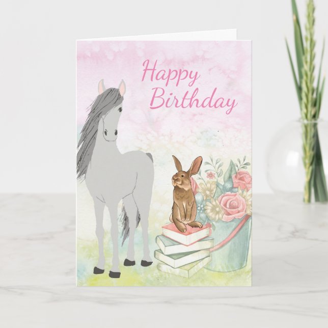 Söt Horse, Bunny, Flowers och Bokar Birthday Kort (Framsida)