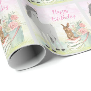 Söt Horse, Bunny och Flowers Grattis på födelsedag Presentpapper