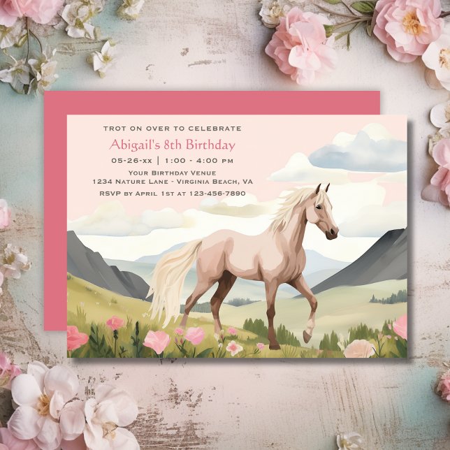 Söt Horse, Flowers and Mountain Birthday Inbjudningar (Pretty Horse, Flowers and Mountains Birthday Invitation)