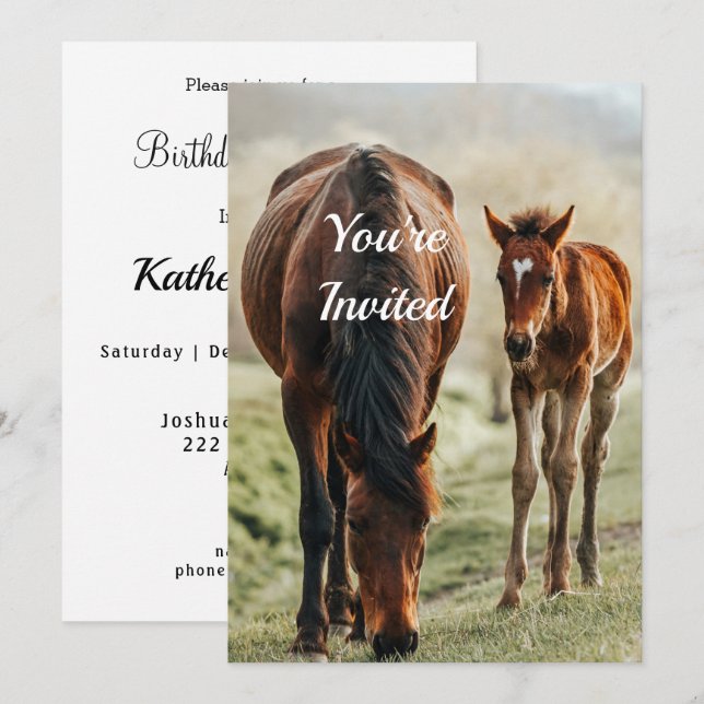 Söt Horse Foal Birthday Inbjudningar (Fram/baksida)
