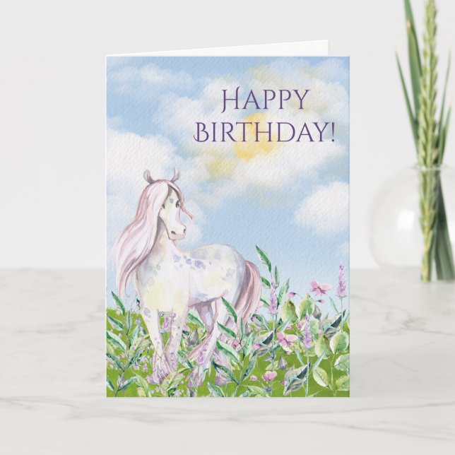 Söt Horse i Fält på Flowers Girl's Birthday Kort (Framsida)