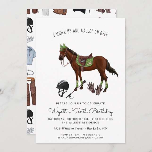 Söt Horse Jockey Riding Födelsedagsfest Inbjudningar (Fram/baksida)