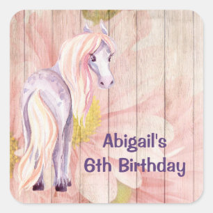 Söt Horse och Daisy på Barn Wood Birthday Fyrkantigt Klistermärke